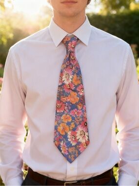 Wide Blue Floral Men's Tie with Pink and Orange Blooms
